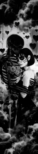 Free dark romance bookmark featuring black and white skeleton love